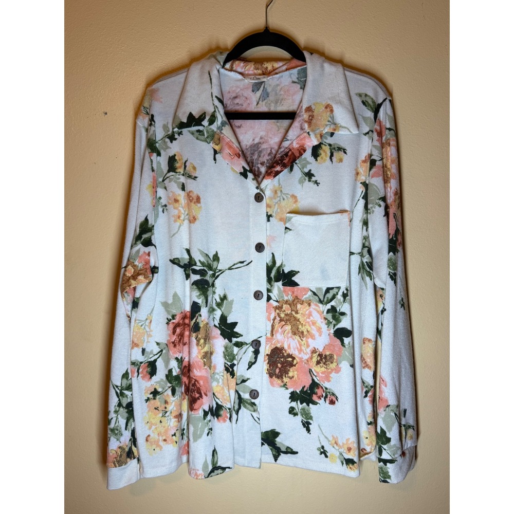 Luna Womens Long Sleeve Button Up Top Floral Print White Peach Green Size 1X